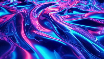 Shimmering abstract metallic fluid surface undulating in 3D rendering, with vibrant neon lighting