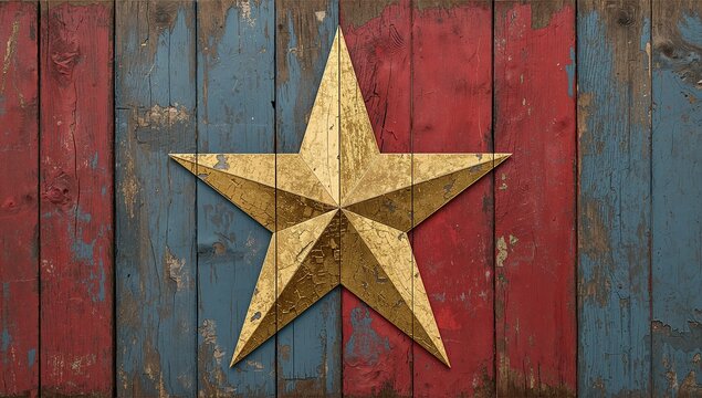 Hanging metallic gold star gleaming on rustic wall with alternating distressed red blue planks - Powered by Adobe