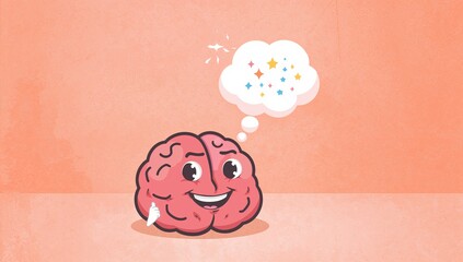 Showing pink cartoon brain raising thumb inside thought bubble at peach background with sparkles