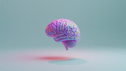 Floating stylized human brain model hovering above gradient floor in clean studio, with pastel hues