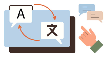 Arrows connect language symbols in speech bubbles. Hand gestures toward dialogue boxes. Ideal for global communication, language learning, technology, AI, translation, education teamwork. A simple