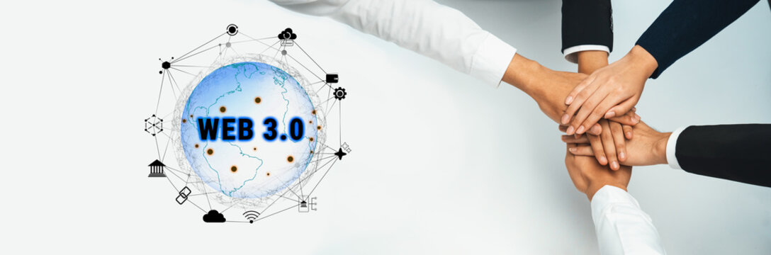 Hands coming together symbolize unity and collaboration around the concept of Web 3.0, representing global connectivity and innovative technology solutions. Trope - Powered by Adobe