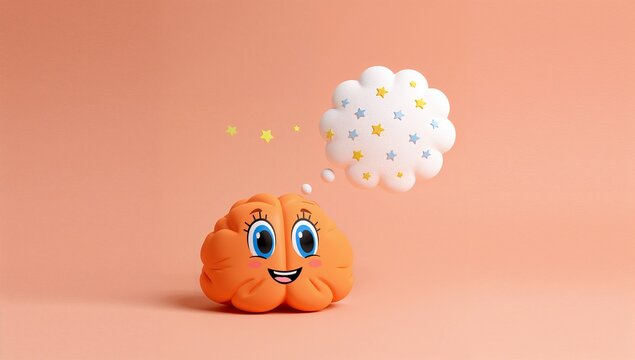 Sitting orange cartoon brain emitting thought bubble on peach backdrop, with yellow and blue stars - Powered by Adobe