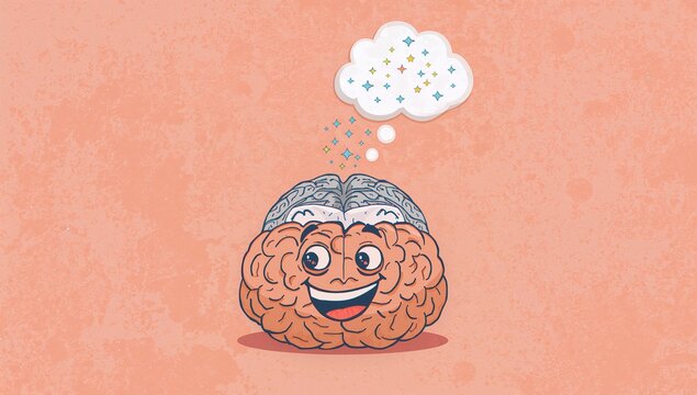 Floating anthropomorphic brain showing colorful sparkle icons in thought bubble on peach background - Powered by Adobe