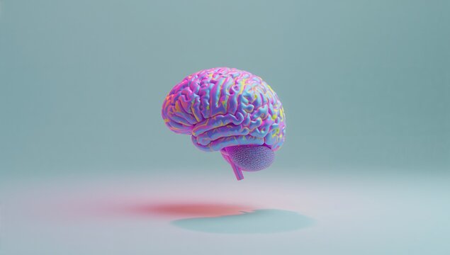 Floating stylized human brain model hovering above gradient floor in clean studio, with pastel hues