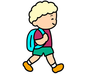 歩いて登校する金髪の男の子