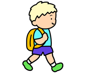 歩いて登校する金髪の男の子
