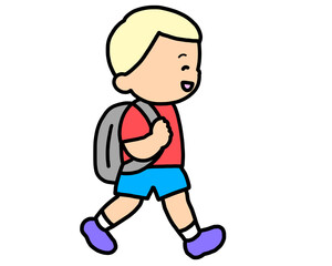 歩いて登校する金髪の男の子