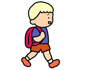 歩いて登校する金髪の男の子