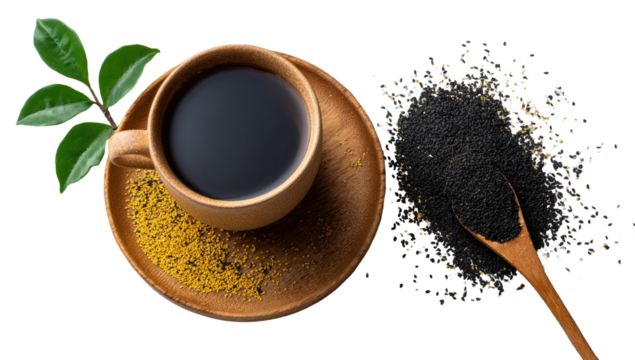 Tea, spice, and powder on wooden plate