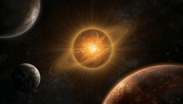 Central ringed star glowing intensely in deep outer space, with four orbiting planets
