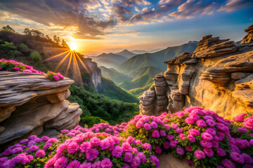 A photograph of a breathtaking natural rock The stone structure rises from a lush valley floor