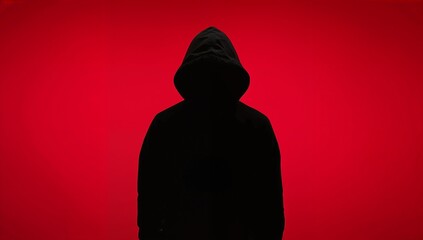 Standing hooded figure facing viewer against red studio backdrop, with black sweatshirt focus