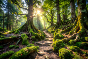 A photograph of a dense, overgrown forest hidden deep within the Swiss Alps
