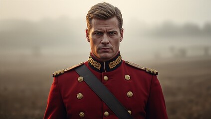 Standing lone male soldier wearing red uniform coat on foggy field, with gold buttons and sash