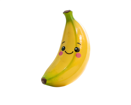 A cute banana with a smiling face isolated on transparent background, representing healthy food and playful fruit