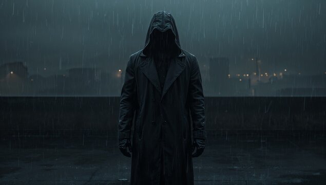 Standing hooded figure braving heavy rain on nighttime rooftop, with soaked trench coat and gloves - Powered by Adobe