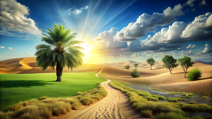 A symbolic landscape showing a transition from a dry desert on the left to a lush green oasis
