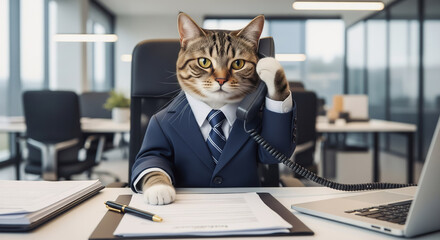 Funny Concept of Cat Businessman on Important Call