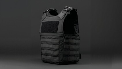 Displaying black tactical ballistic vest on grey surface, with quick-release buckles, MOLLE webbing