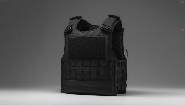 Showing black bulletproof vest on white tabletop, with adjustable straps, MOLLE webbing and patch - Powered by Adobe