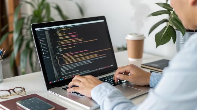 Focused programmer coding on laptop in modern workspace with coffee and plants