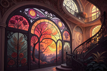 Colorful stained glass window. Abstract stained pane background. Art