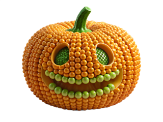 Unique pumpkin made of candy with a smiling face isolated on transparent background, a sweet halloween treat