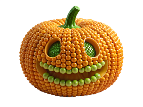 Unique pumpkin made of candy with a smiling face isolated on transparent background, a sweet halloween treat