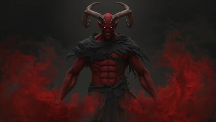 Standing red-skinned demon snarling in cavern, with glowing horns, tattered cloak, swirling mist