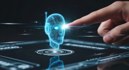 Man touching a digital human head icon on a virtual screen, representing ai technology