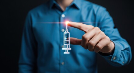 Man touching a digital syringe icon on a virtual screen, representing medical treatment