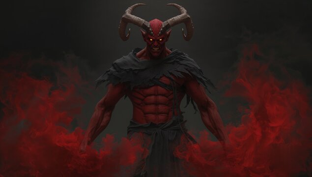Standing red-skinned demon snarling in cavern, with glowing horns, tattered cloak, swirling mist - Powered by Adobe