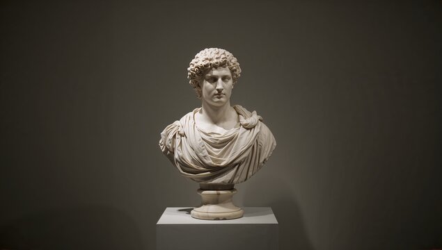 Classical marble bust featuring curly hair and drapery in museum gallery, with square plinth