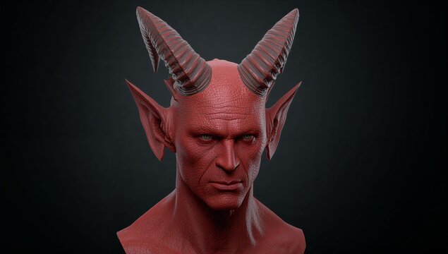 Displaying demon bust featuring spiraled horns and pointed ears at studio, with detailed red skin
