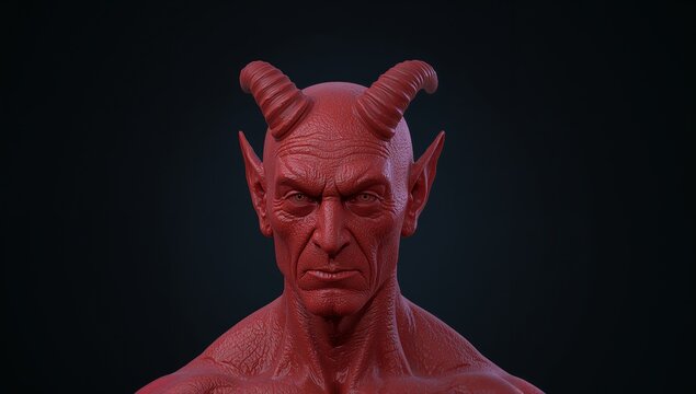 Displaying 3D sculpture bust showcasing red skin in studio, with curved horns and pointed ears