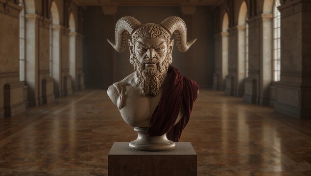 Displaying marble bust with horns draped in red cloth atop stone pedestal in exhibition hall - Powered by Adobe