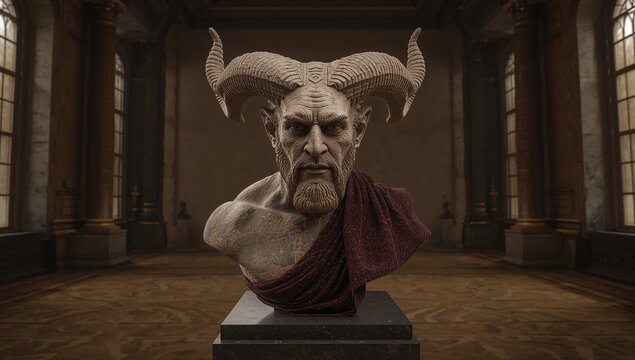 Displaying carved horned mythical stone bust occupying center of gallery, with dark marble pedestal - Powered by Adobe