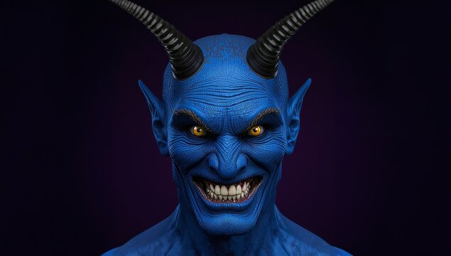 Glaring blue-skinned horned creature revealing jagged teeth in studio, showing black curved horns