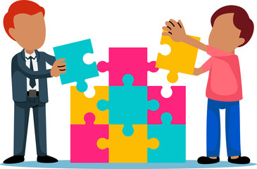 people working on puzzles. Teamwork concept for problem solving. Work team joining puzzle pieces