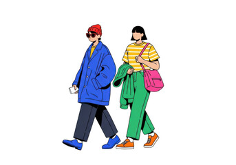Two trendy individuals walking outdoors in colorful winter fashion isolated on transparent background