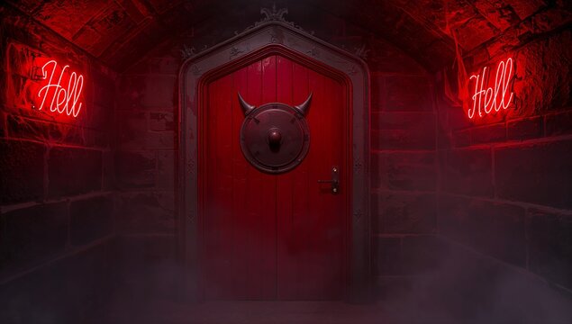 Red arched door standing in dungeon corridor, with devil horn shield, neon Hell signs, copy space - Powered by Adobe