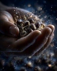 Sprouting seeds in hand studio macro