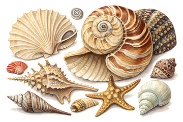 Seashells isolated white background. illustration. Collection realistic sea shell for design