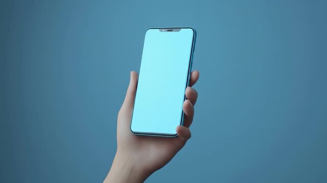 Hand holding a sleek, blue electronic device against a solid blue background