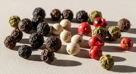 Vibrant peppercorns in black, white, green, and red spice up culinary creations-organic food