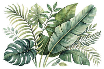 Tropical leaves isolated on a white background. banana palm leaf. Natural green elements, hand drawn illustration