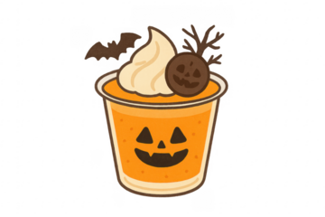 Halloween pumpkin pudding dessert with bat and cookie