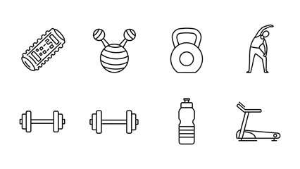 Fitness Icon Set: A comprehensive collection of fitness icons, meticulously crafted to represent diverse workout equipment and exercises, ideal for promoting health and wellness.