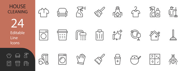 House Cleaning and Laundry line icon set. Contains symbols for hygiene, domestic chores, and cleaning services. Editable vector design for web, app, and presentation.